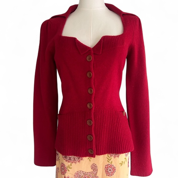 LAUREATE LANE Red Wool Square Neck Fitted Sweater Cardigan Pinup Romantic | Sz M - Picture 1 of 16